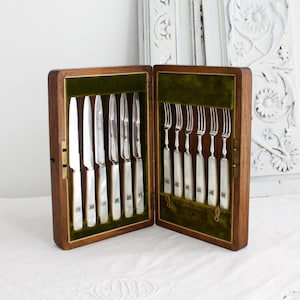 Antique Silver plated cutlery set with carved Mother of Pearl Handles in solid wood chest Early English Fabulous!