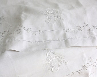 Antique French Pillowcase Pair Pure Linen with Cutwork Embroidery & Monogram CG