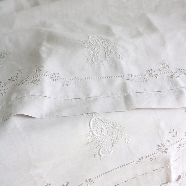 Antique French Pillowcase Pair Pure Linen with Cutwork Embroidery & Monogram CG