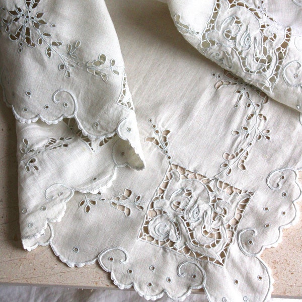 Antique French Tablecloth Heavily Embroidered in Pure Linen Richelieu Cutwork with Chimeras and flowers