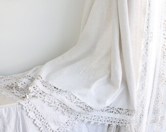 Antique French Monogrammed bed sheet Pure Linen Heavily Embroidered with Richelieu Lace Stunning!