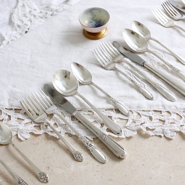 Vintage Silver Plated Cutlery Set Mixed Art Deco patterns silverware Service for 4 8 0r 12