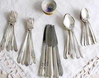 Mixed Silver Plated Cutlery Set Vintage Curated Art Deco pattern Silverware Service for 4 8 12