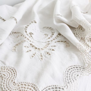 Antique French Tablecloth Heavily Embroidered in Pure Linen Richelieu Cutwork with scallopped crochet lace trim