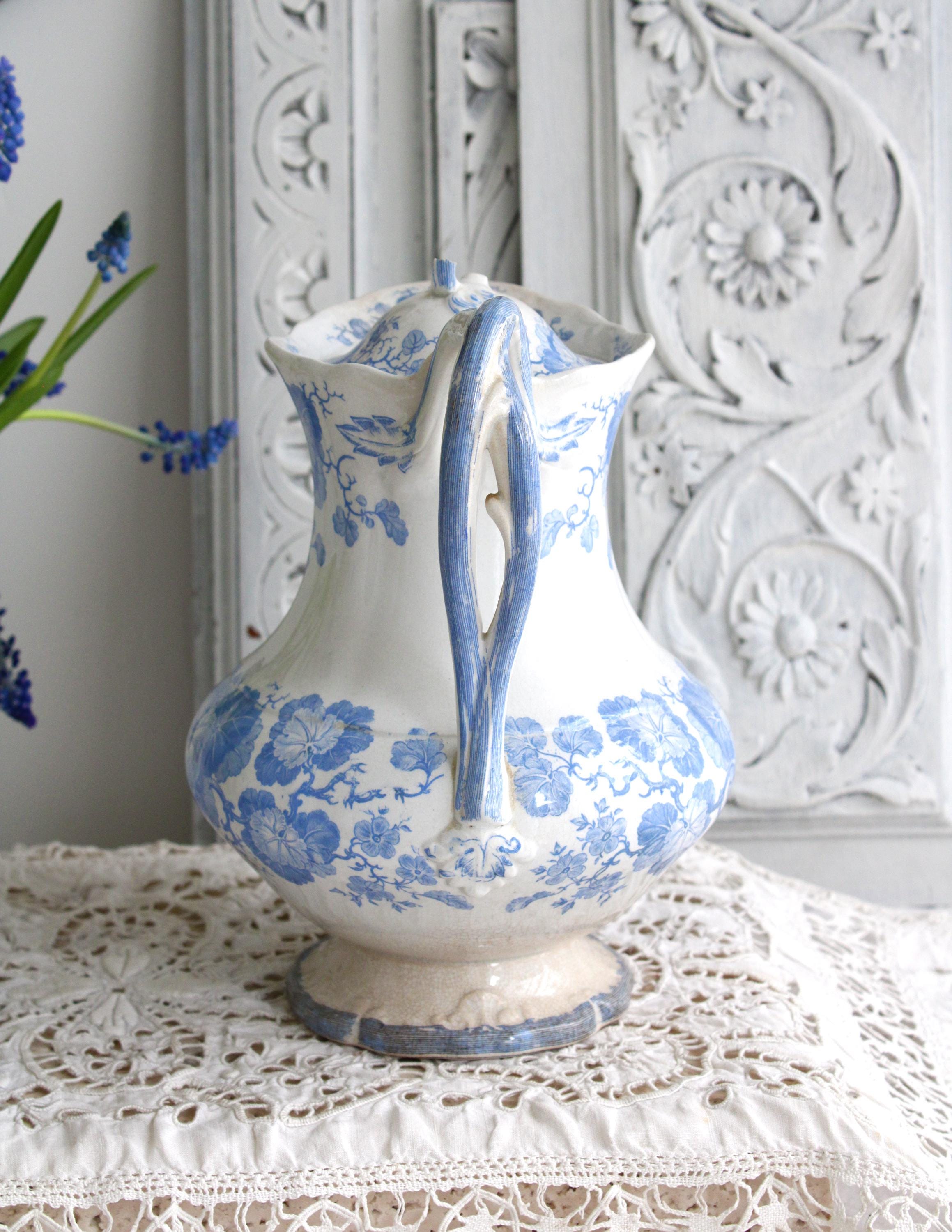 Antique French Sarreguemines Large Tea or Coffee Pot U & C Blue