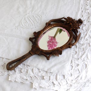 Antique Black Forest carved wood hand mirror Flowers & Berries Fairytale mirror