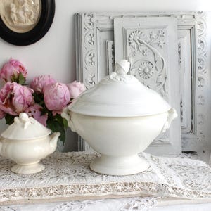 Antique French Tureen White Soupiere Sarreguemines Faience Blanche Ironstone Lidded pedestal Dish large