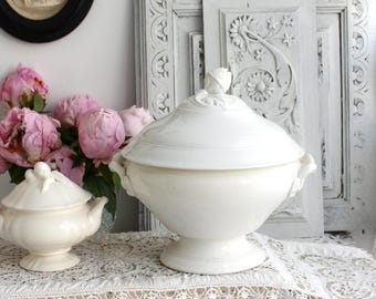 Antique French Tureen White Soupiere Sarreguemines Faience Blanche Ironstone Lidded pedestal Dish large