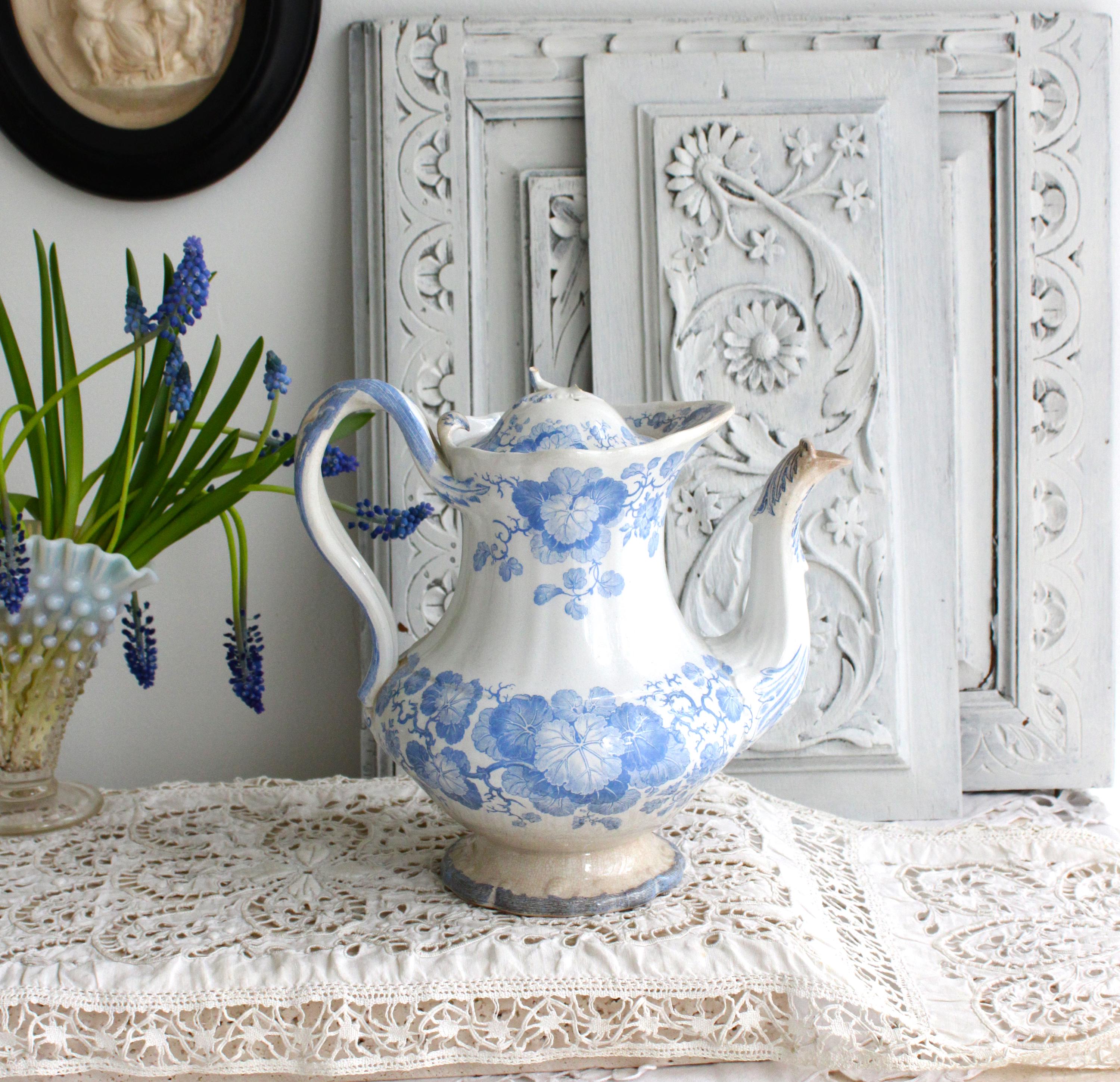 Antique French Sarreguemines Large Tea or Coffee Pot U & C Blue