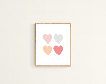 Impresión de 4 corazones de rubor y azul, arte de pared imprimible, arte de la guardería, arte de la habitación de los niños, decoración de la guardería boho, arte de la habitación de las niñas, DESCARGA DIGITAL