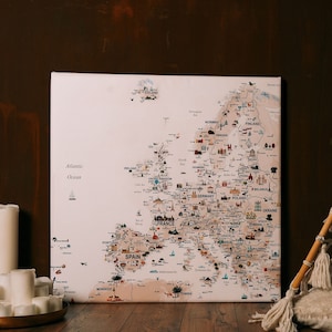 Grote reiskaart Europa - gepersonaliseerde geïllustreerde reiskaart - reiskaart punaise - opgerold of ingelijst canvas - bruin