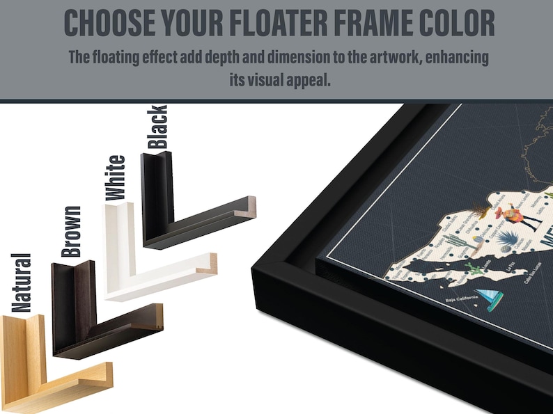 The framing options of the USA Map. All of them are from wood, but it can be a natural color, brown, white or black. In The left part the is a framed USA map.