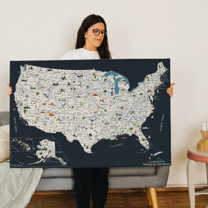 Personalized USA Travel Map - Custom National Parks Map - Push Pin Map - Illustrated Travel Art - Framed Canvas - Unique Gift Idea