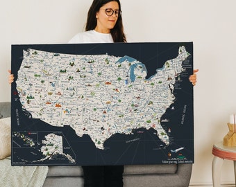 USA Travel Map - Illustrated Map - Personalized Travel Map - National Parks - Landmarks - Push Pins Map - Framed Canvas - Blue