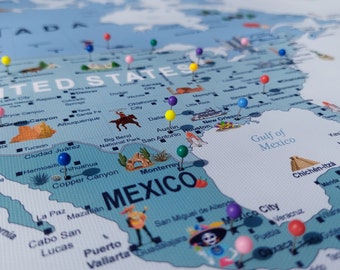 Illustrated World Travel Map: Cultural Landmarks, Personalized Push Pin Canvas