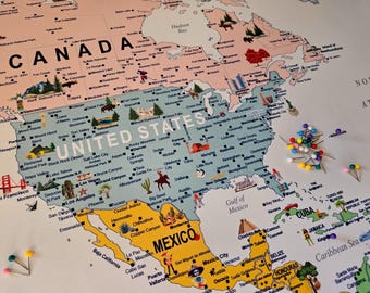 Personalized World Travel Push Pin Map – Illustrated Landmarks