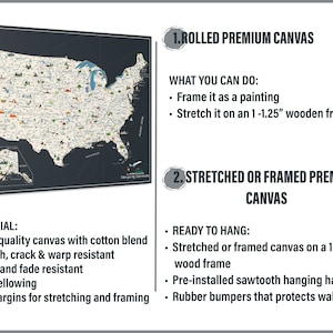 The USA Map, with landmark and national parks, is sold stretched . framed or rolled canvas. The USA Map is printed on quality canvas and ready to hang.