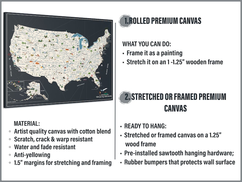 The USA Map, with landmark and national parks, is sold stretched . framed or rolled canvas. The USA Map is printed on quality canvas and ready to hang.