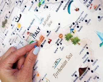 Illustrated Europe Travel Map: Push Pin Canvas Poster