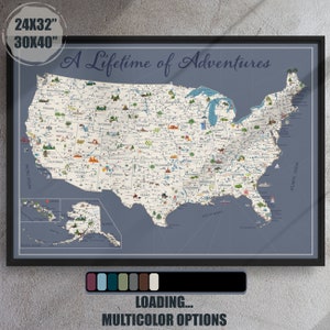 Personalized USA Travel Map - Custom National Parks Map - Push Pin Map - Illustrated Travel Art - Framed Canvas - Unique Gift Idea