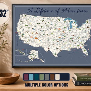 Personalized USA Travel Map - Custom National Parks Map - Push Pin Map - Illustrated Travel Art - Framed Canvas - Unique Gift Idea