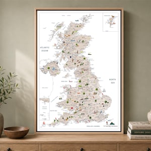 UK Travel Map Push Pin Canvas – United Kingdom Map Print with National Parks, Castles & Heritage Sites, Personalized Travel Tracker Gift