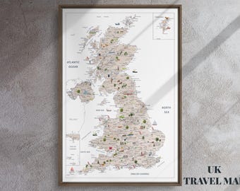 UK Travel Map Push Pin Canvas – United Kingdom Map Print with National Parks, Castles & Heritage Sites, Personalized Travel Tracker Gift