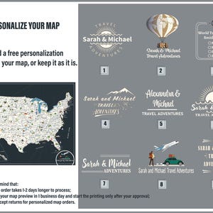 The personalization options of the USA MAP. In the left side is the USA map with landmarks, the personalization spot is circled. There are nine options of personalization of the USA map with different shapes, texts and fonts.