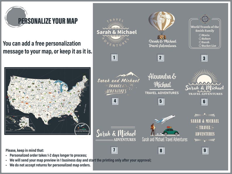 The personalization options of the USA MAP. In the left side is the USA map with landmarks, the personalization spot is circled. There are nine options of personalization of the USA map with different shapes, texts and fonts.