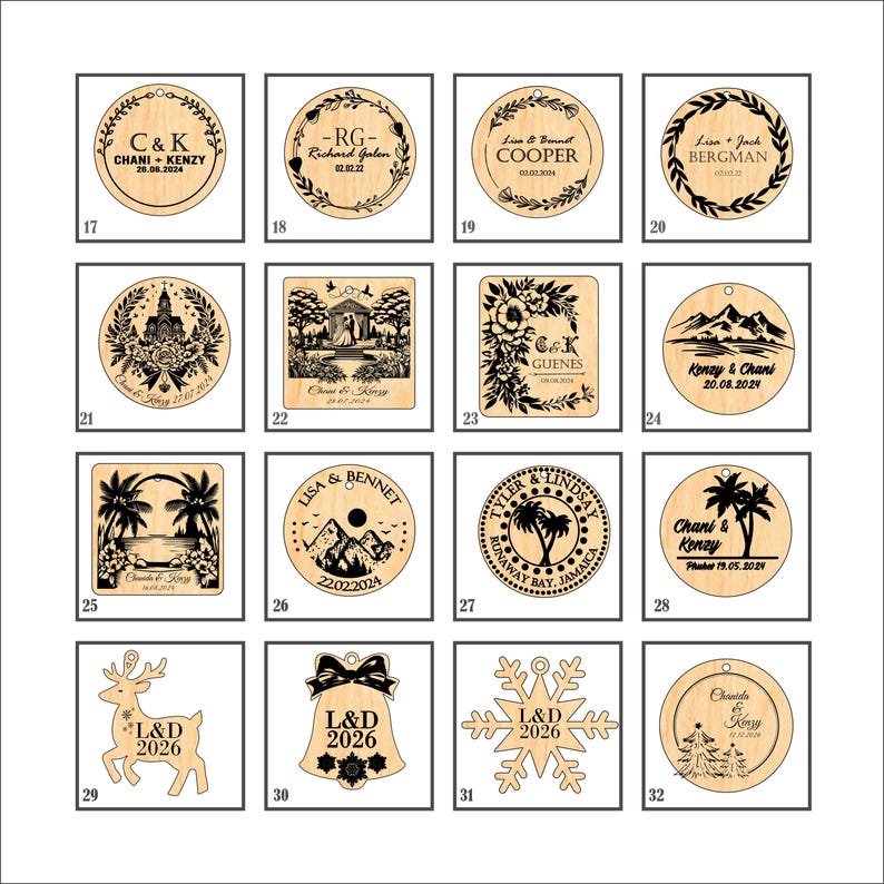 K&ouml;nnte beinhalten: Eine Sammlung von sechzehn Holzornamenten in verschiedenen Formen wie Kreisen, Quadraten, einem Rentier, einer Glocke und einer Schneeflocke. Jedes St&uuml;ck zeigt lasergravierte Designs wie Namen, Daten, Blumenkr&auml;nze, Berglandschaften und Palmen.