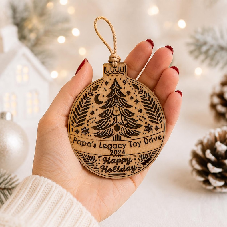 K&ouml;nnte beinhalten: Ein runder Weihnachtsbaumschmuck aus Holz mit einer lasergravierten Tanne, einer Mondsichel und Schneeflocken. Der Text lautet Papa's Legacy Toy Drive 2024 Happy Holiday. Er ist mit einer beigefarbenen Kordelschlaufe zum Aufh&auml;ngen versehen.