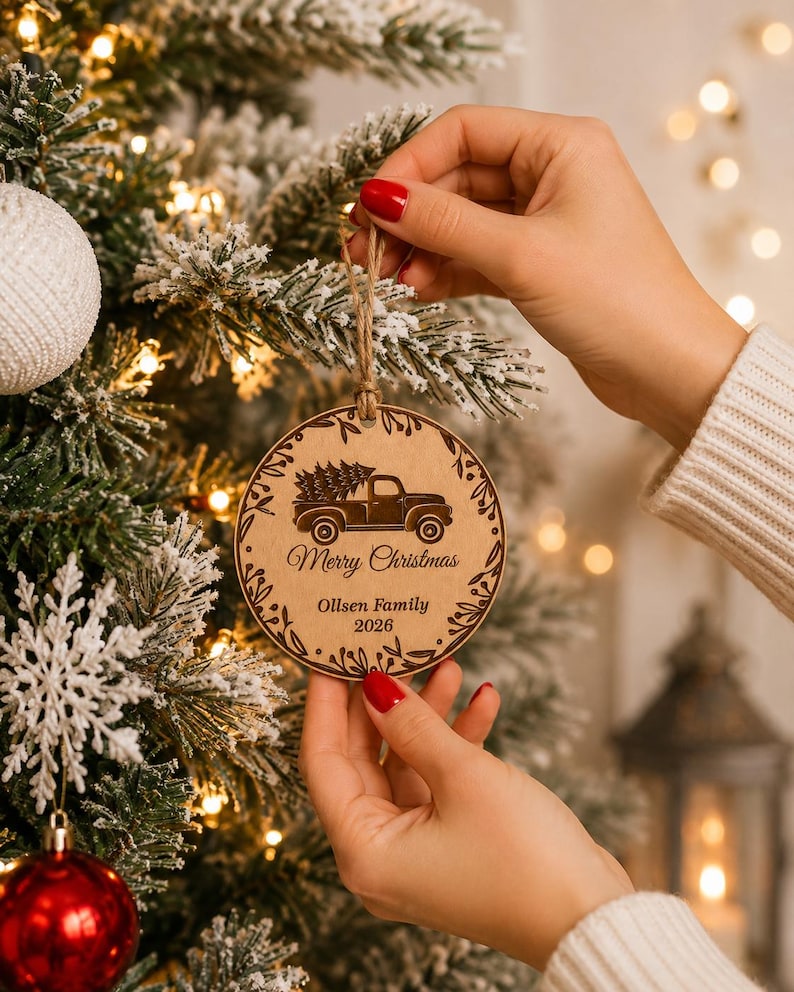 K&ouml;nnte beinhalten: Ein runder Weihnachtsbaumschmuck aus hellem Holz mit einer Lasergravur eines Pick-ups, der einen Tannenbaum transportiert. Der Text Merry Christmas, Ollsen Family und 2026 ist unter dem Fahrzeug eingraviert, umrahmt von einem Blattmuster.