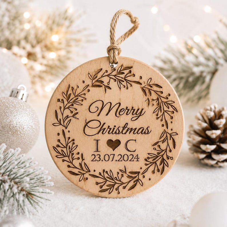 K&ouml;nnte beinhalten: Ein rundes, helles Holzornament mit einem lasergravierten Kranzmotiv. Der mittlere Text lautet Merry Christmas, gefolgt von den Buchstaben I und C, die durch ein Herzsymbol getrennt sind, sowie dem Datum 23.07.2024. Es h&auml;ngt an einer Juteschnur.