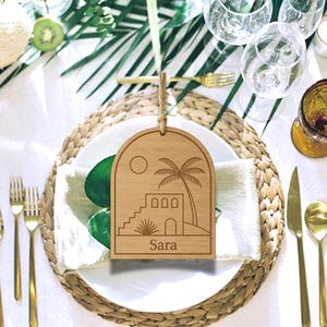 Engraved Wooden Beach Wedding Name Tags: Palm or Seashell Favor