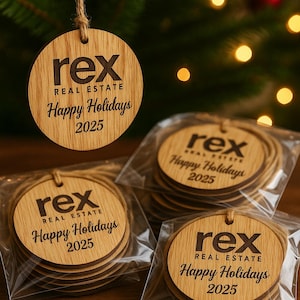 Custom Company Logo Ornaments Bulk - Personalized Wood Business Christmas Decorations & Gifts