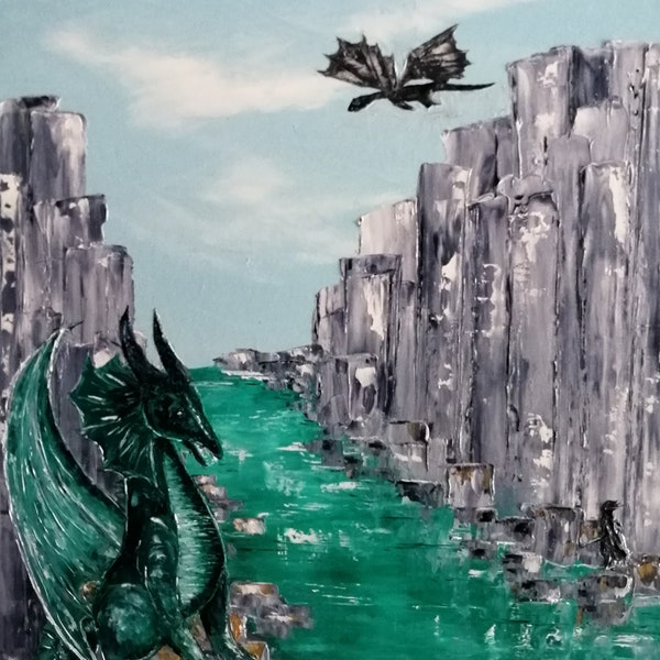 Dragon ailé vert, peinture à l'huile, tableau unique original français, créature mythologique, cadeau original moderne