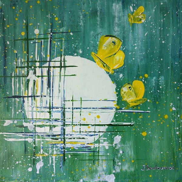 Papillons jaunes et lune blanche, peinture acrylique sur toile, tableau stylisé au couteau, oeuvre d'art française originale