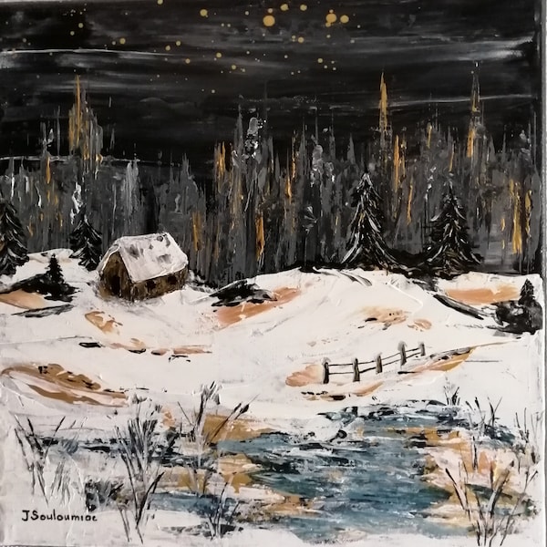 Sous la neige, lac et cabane, peinture acrylique, ciel noir étoilé, touches or, paysage d'hiver, peinture au couteau, cadeau original unique