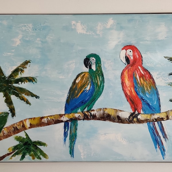 Perroquets peinture à l'huile sur toile tendue oiseaux exotiques  tableau unique au couteau