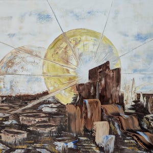 May include: Abstract painting with a celestial theme. A large, yellow sunburst dominates the center, with radiating lines. Brown, rectangular structures and spherical shapes are also present, set against a cloudy sky.