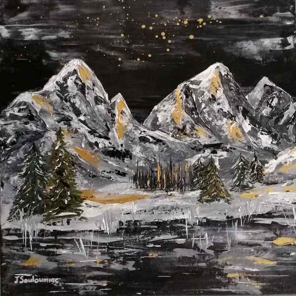 Montagnes, sapins enneigés, paysage d'hiver, nuit étoilée, peinture acrylique au couteau sur toile, tableau original français, cadeau unique