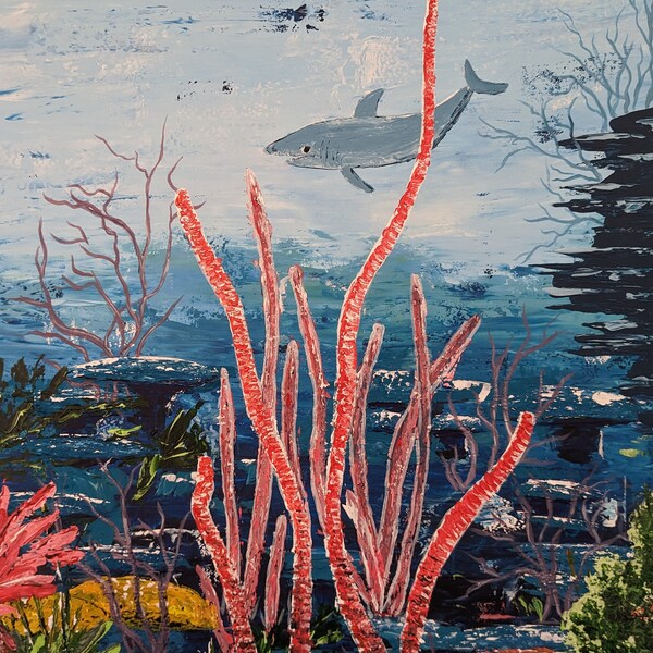 Fond sous marin, requin, peinture à l'huile sur toile unique,  oeuvre d'art contemporaine originale, tableau aux  couleurs vives