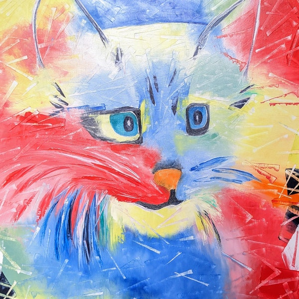 Chat stylisé multicolore, peinture à l'huile sur toile, œuvre d'art originale, cadeau unique