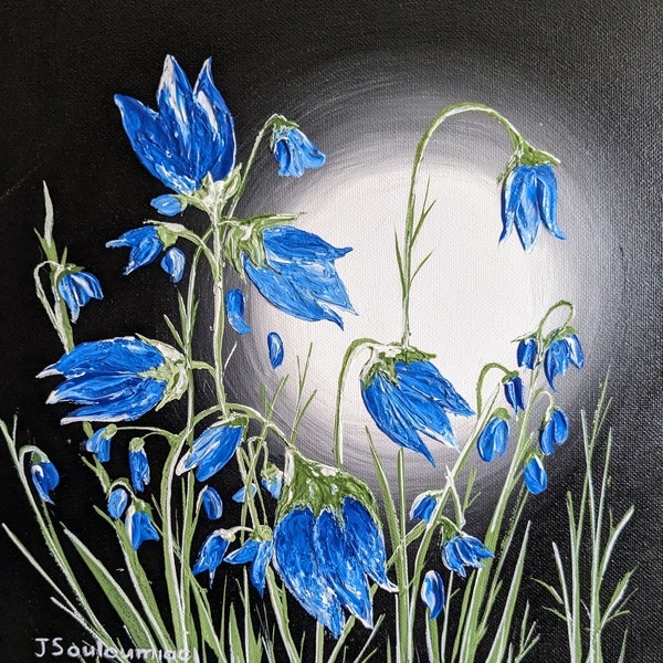 Fleurs bleues au clair de lune sur fond noir, peinture acrylique originale , unique, peinture au couteau, tableau français