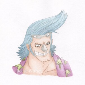 May include: Watercolor illustration of a character with blue hair, a purple shirt with palm trees, and a metal nose piece. The character has a mischievous smile and is wearing sunglasses.