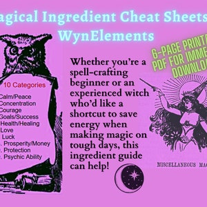 Peut inclure: Une illustration numérique rose et violette d'un hibou tenant un parchemin avec une liste de 10 catégories d'ingrédients magiques. Le texte "Magical Ingredient Cheat Sheets by WynElements" est en haut de l'image. Le texte "6-page printable PDF for immediate download" est dans le coin supérieur droit de l'image. Le texte "Whether you're a spell-crafting beginner or an experienced witch who'd like a shortcut to save energy when making magic on tough days, this ingredient guide can help!" est au centre de l'image. Le texte "Miscellaneous Magic" est dans le coin inférieur droit de l'image.