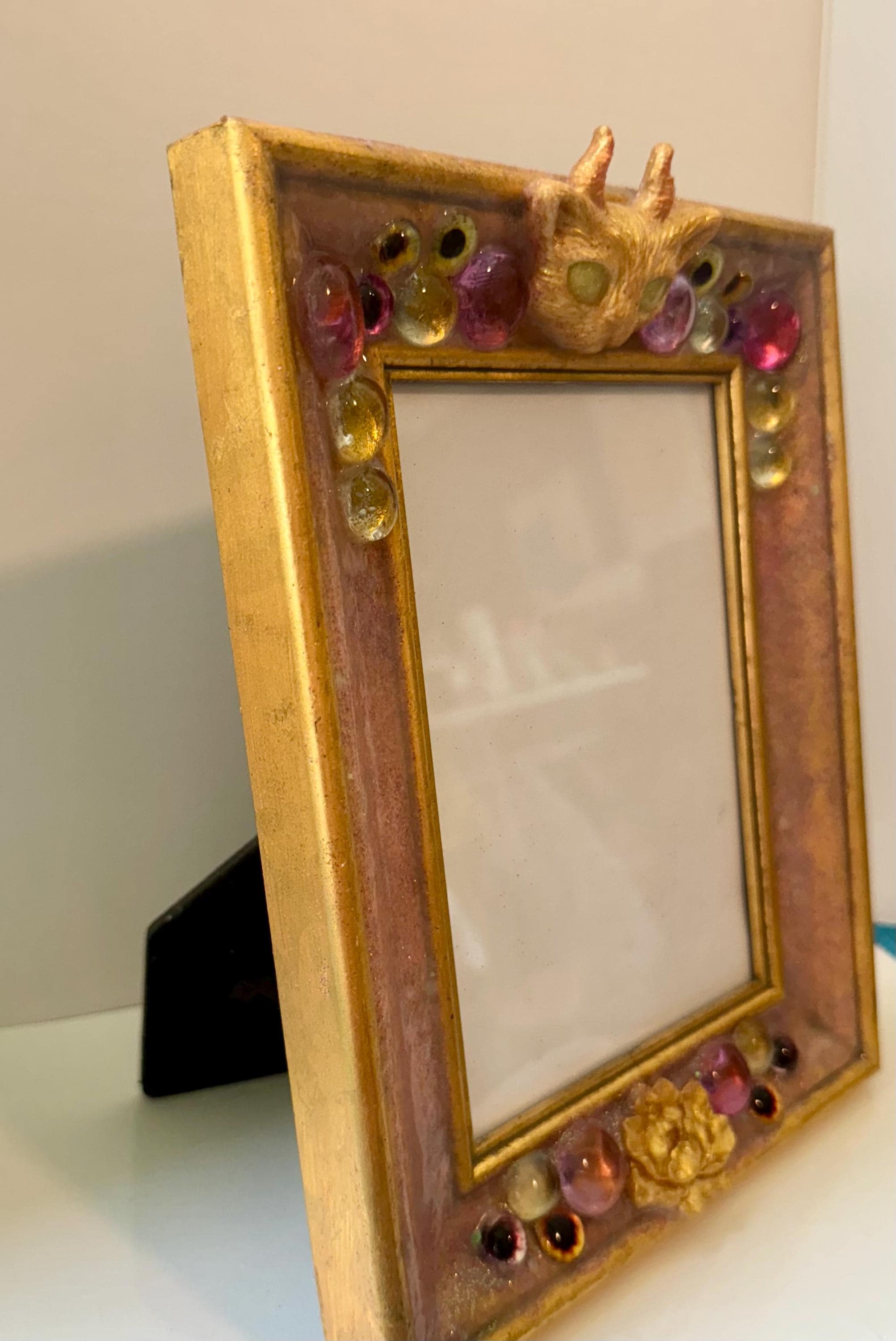 Upcycled Spooky and Glam Gold Picture Frame With Horned Cat - Wall or ...