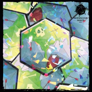 Puede incluir: Un conjunto de dados de seis caras con un esquema de color verde, blanco y rojo. Los dados son translúcidos y tienen un diseño de calavera y huesos cruzados. Los dados están etiquetados como "Morningstar Makes RPG".