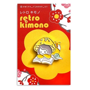 Kawaii Enamel Pin Badge, Yellow Toadstool / Mushroom Girl Reading