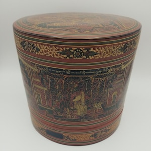 Antique Burmese Lacquer Betel Box 4 pcs Large 8.75&quot; tall x 9&quot; in diameter